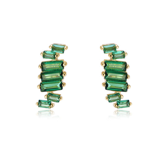 Irregular Arrangement Rectangular Green Zircon Silver Studs Earrings for Women