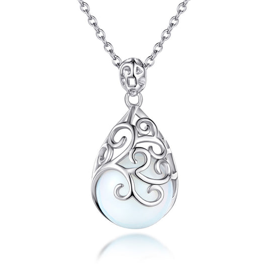 Moonstone Hollow Pear Drop Pendant Silver Necklace for Women