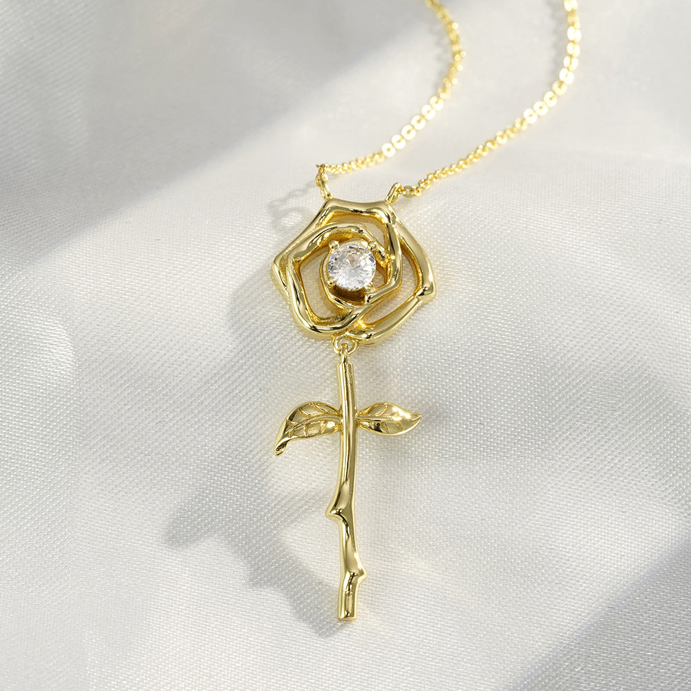 (Three Colours) White Zircon Rose Pendants 925 Silver Collarbone Necklace for Women