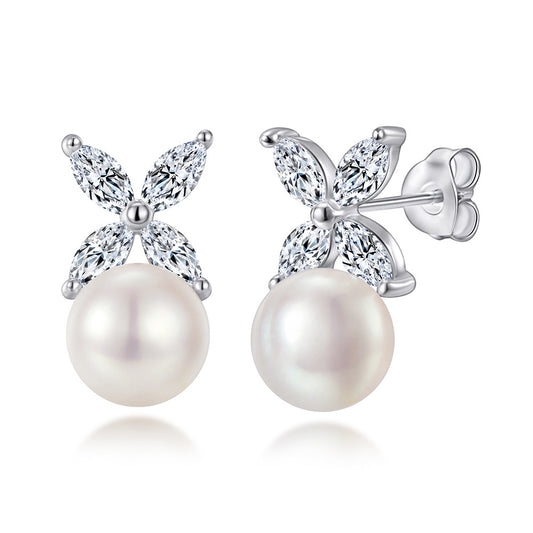 Marquise Zircon Clover with Natural Pearl Silver Studs Earrings for Women