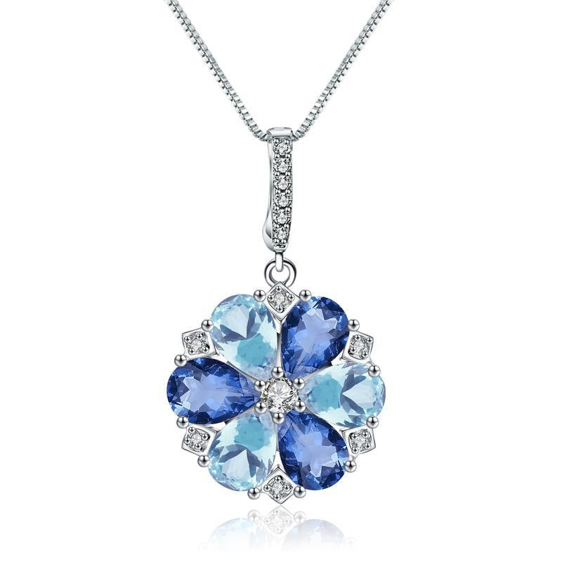 Luxury Fashion Temperament Style Inlaid Natural Colourful Gemstones Flower Pendant Silver Collarbone Necklace for Women