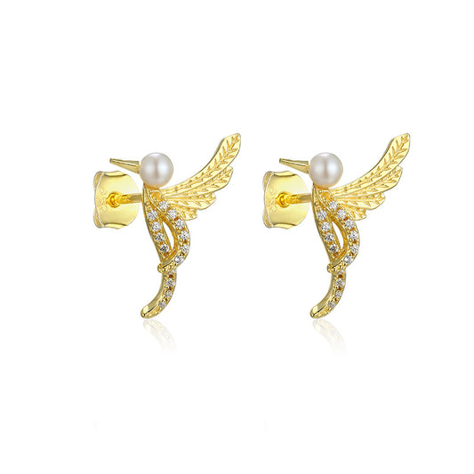 Zircon Bird with Pearl Silver Studs Earrings for Women