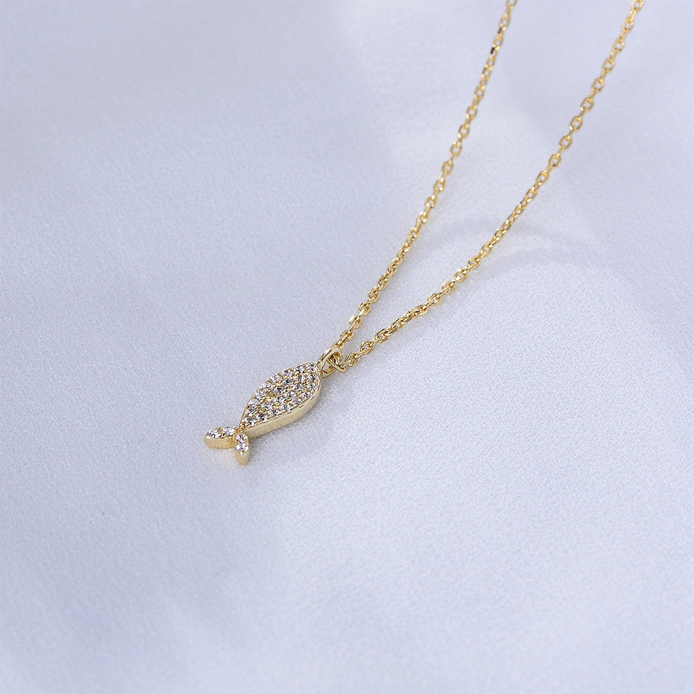 Full Zircon Small Fish Pendant Sterling Silver Necklace for Women
