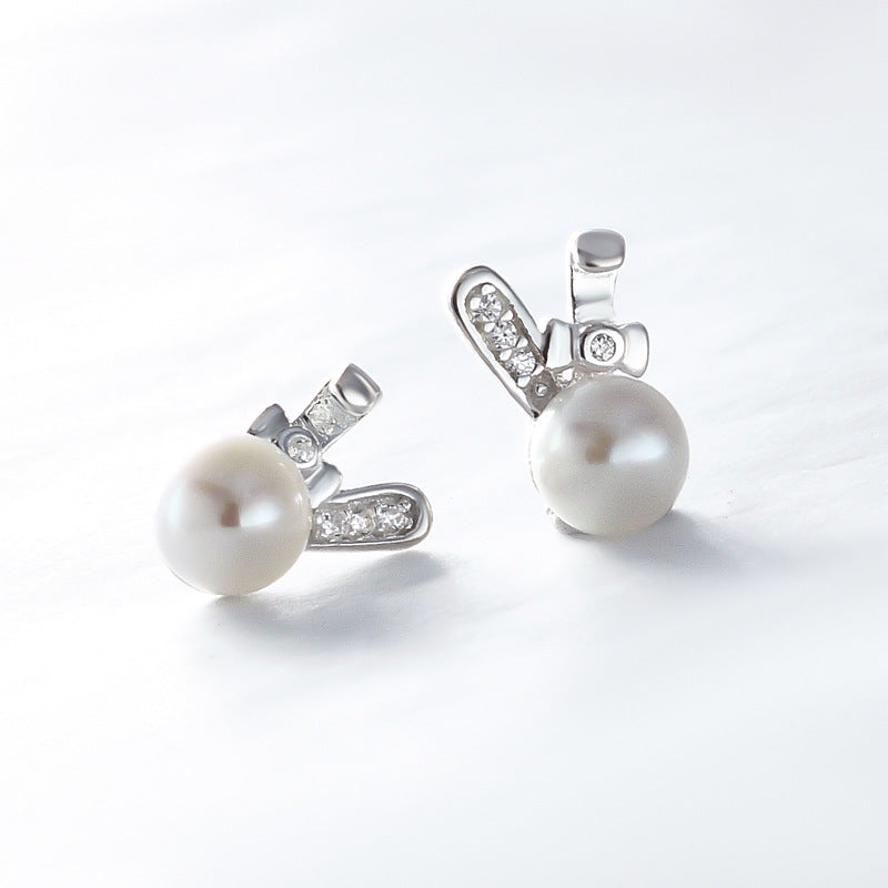 Freshwater Pearl Cute Rabbit with Zircon Silver Stud Earrings for Women
