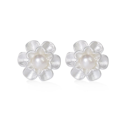 Frosting Flower with Freshwater Pearl Silver Earrings for Women