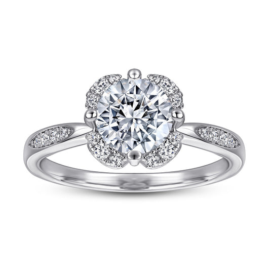 Round Zircon Flower Four Prongs Silver Ring