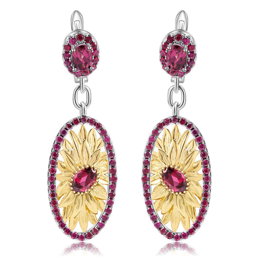 Italian Rose Pomegranate Sunflower Oval Shape Silver Drop Earrings for Women