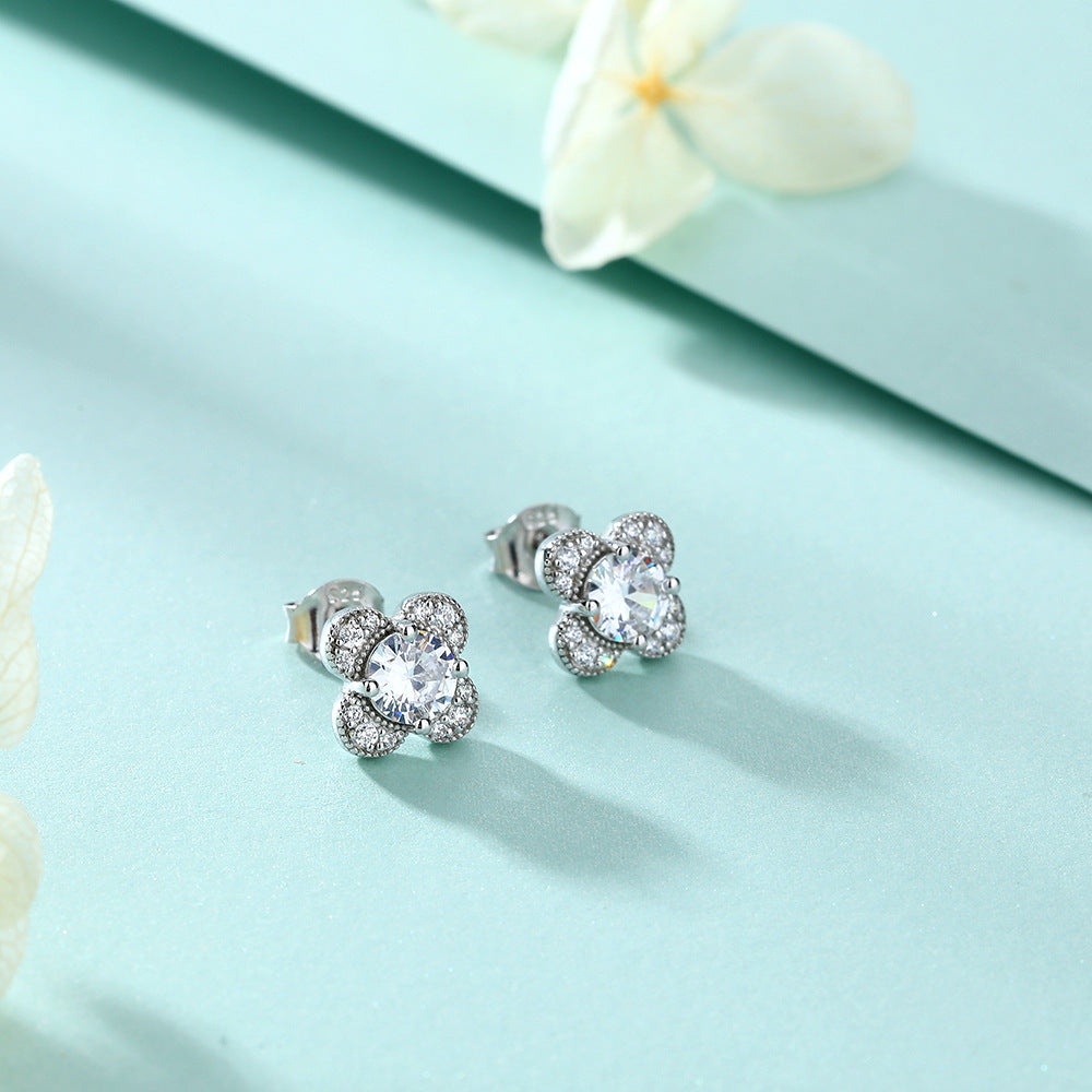 Colourful Round Zircon Clover Silver Studs Earrings for Women