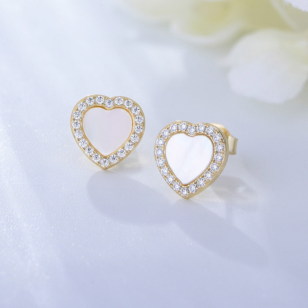 Heart-shaped Mother of Pearl with Zircon Silver Studs Earrings for Women