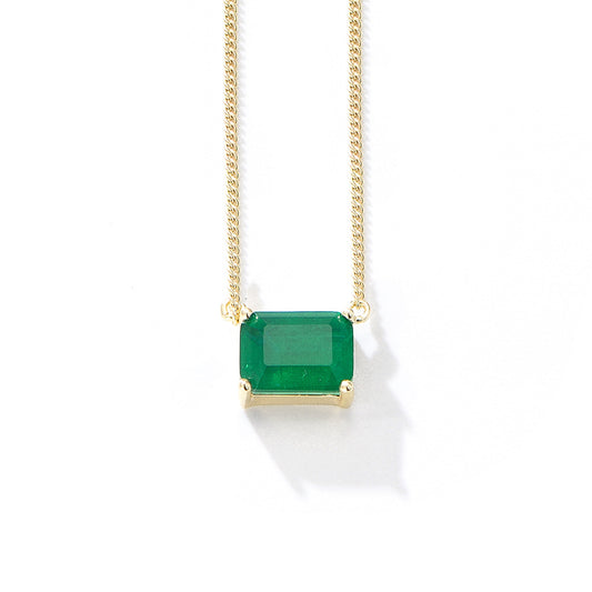 Single Emerald Colour Rectangle Zircon Pendant Silver Necklace for Women