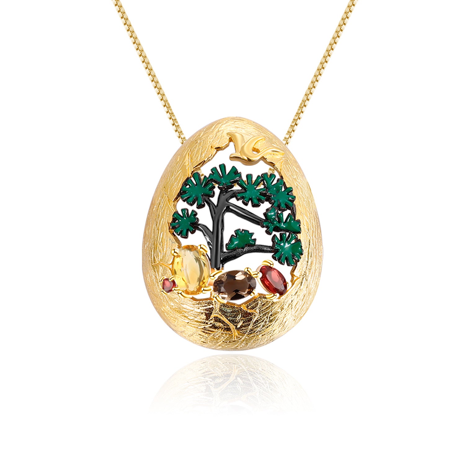 High-level Personality Natural Design Colorful Gemstone Egg Shape with Tree Pendant Silver Necklace for Women
