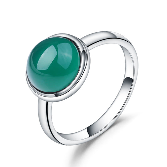 European Green Agate Solitaire Oval Shape Silver Ring for Women