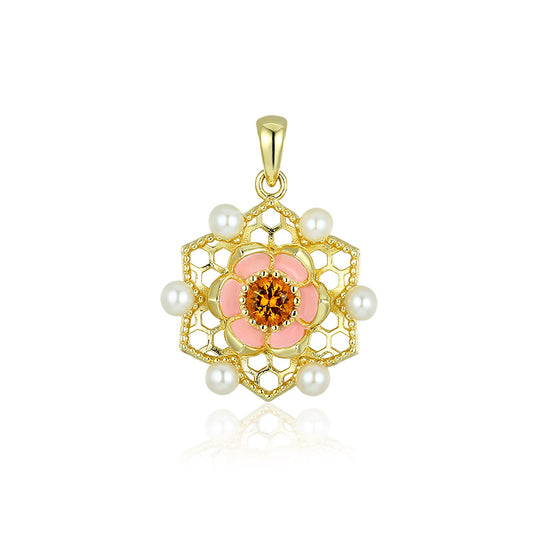 (Pendant Only) Lotus Pattern Series Yellow Zircon Enamel with Pearl Hollow Silver Pendant for Women