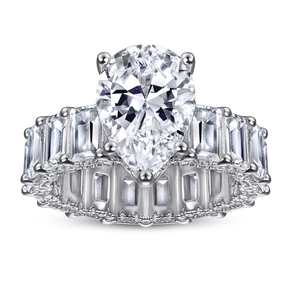 Pear Drop Zircon with Full Emerald Cut Zircon Silver Ring