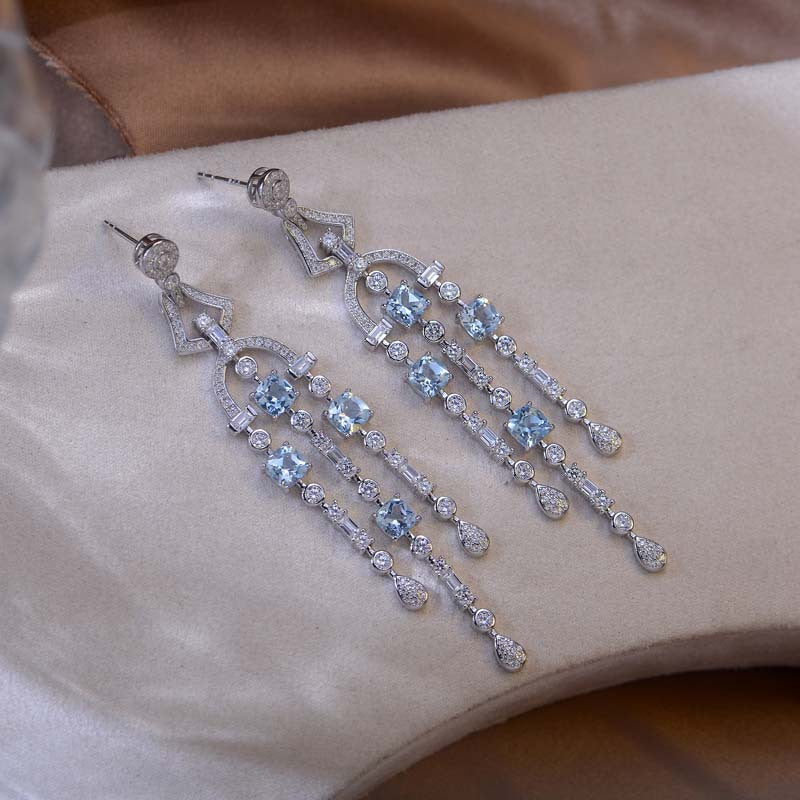 Sky Blue Colour Natural Topaz Tassels Silver Drop Earrings for Women