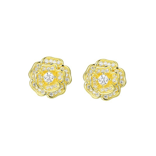 Zircon Camellia Silver Studs Earrings for Women