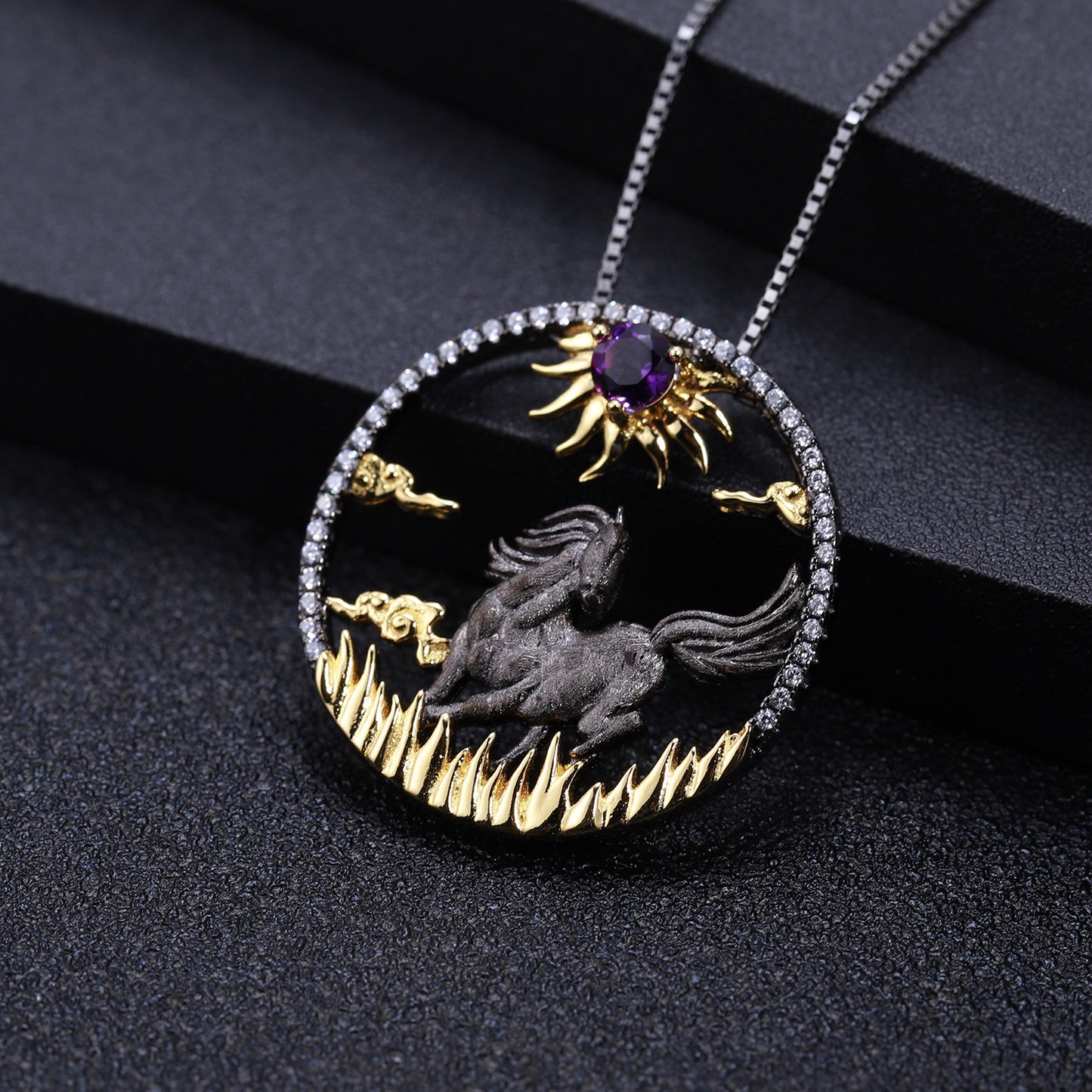 Chinese Style Element Design Zodiac Series Horse Natural Gemstone Pendant Silver Necklace for Women