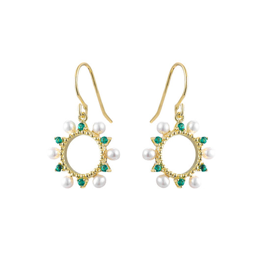 Hollow Circle with Green Zircon and Pearl Silver Drop Earrings for Women