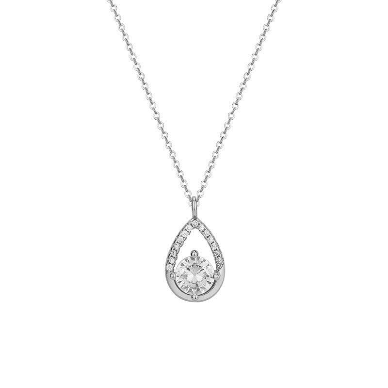 Water Drop with Round Zircon Pendant Silver Necklace for Women