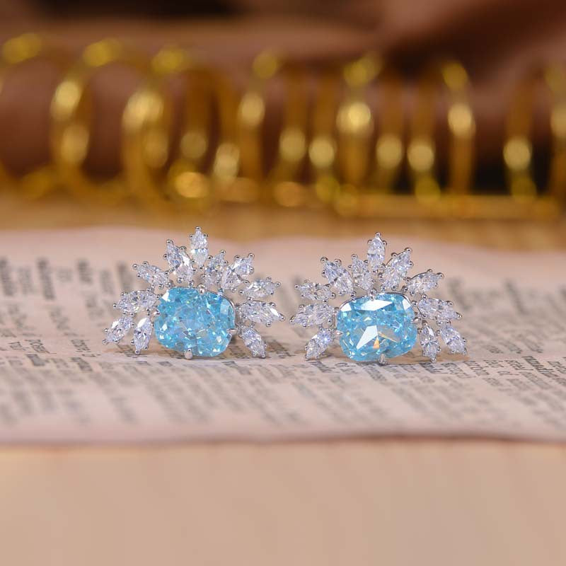 Blue Zircon 9*11mm Rectangle Ice Cut Half Annular Petals Silver Studs Earrings for Women