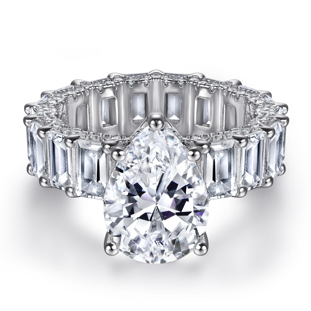 Pear Drop Zircon with Full Emerald Cut Zircon Silver Ring