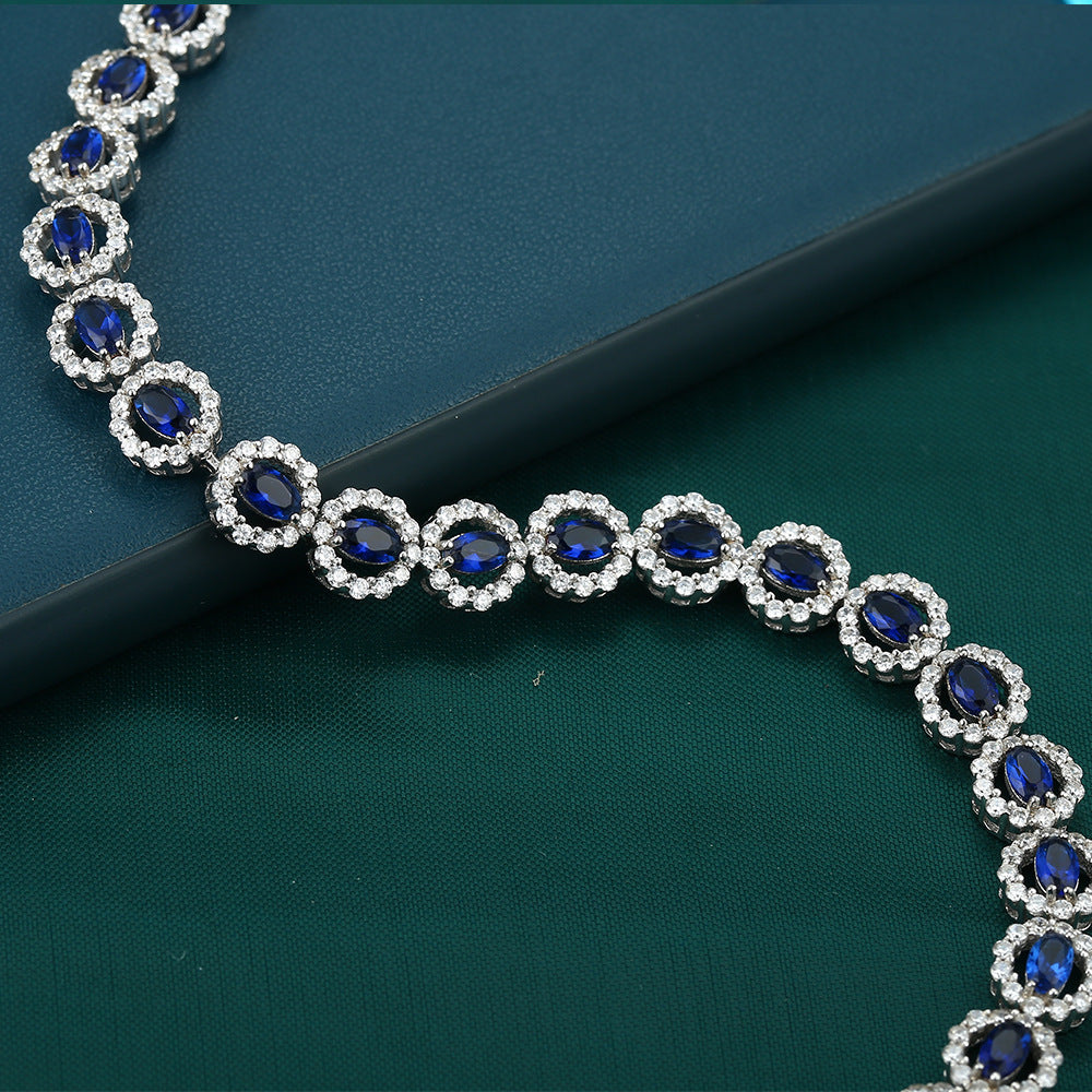 Blue Zircon Soleste Halo Beading Silver Bracelet for Women