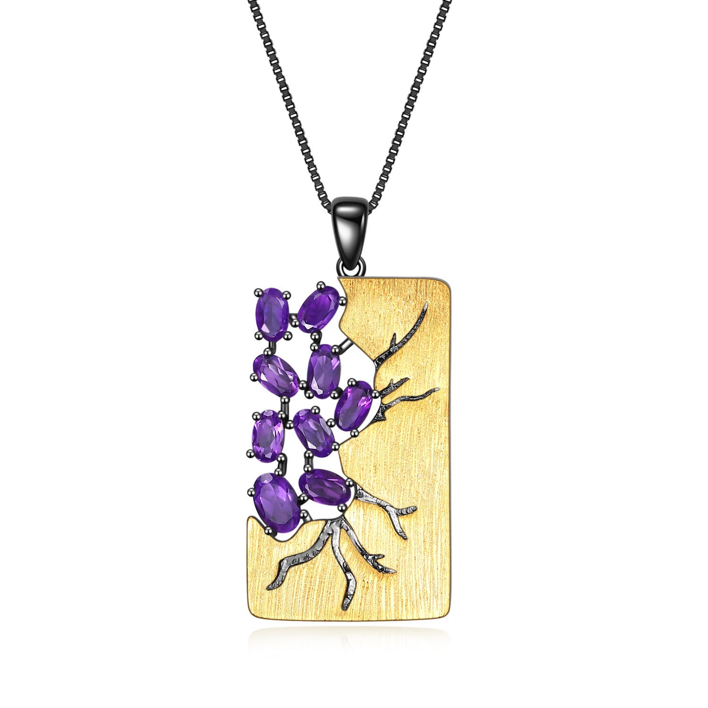 Italian Retro Jewelry Design Inlaid Natural Colourful Gemstone Branch Rectangle Pendant Silver Necklace for Women
