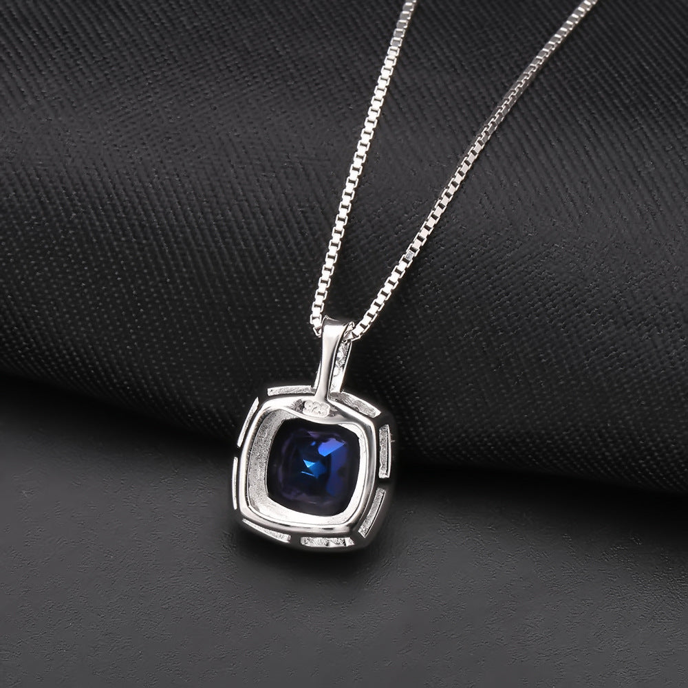 Fashionable and Luxurious High Sense Design Inlaid Colourful Gemstone Soleste Halo Square Pendant Sterling Silver Necklace for Women