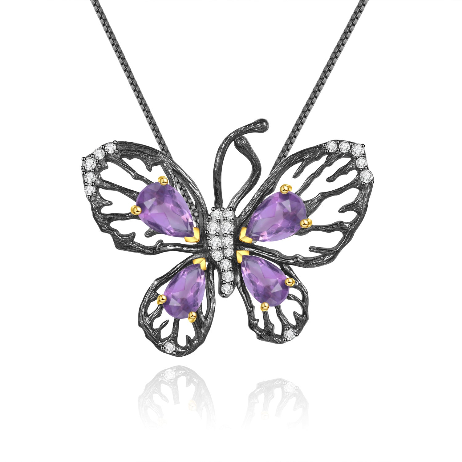 Luxury Butterfly Natural Colourful Gemstone Pendant Silver Necklace for Women