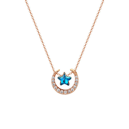 Blue Zircon Star with Moon Silver Necklace for Women