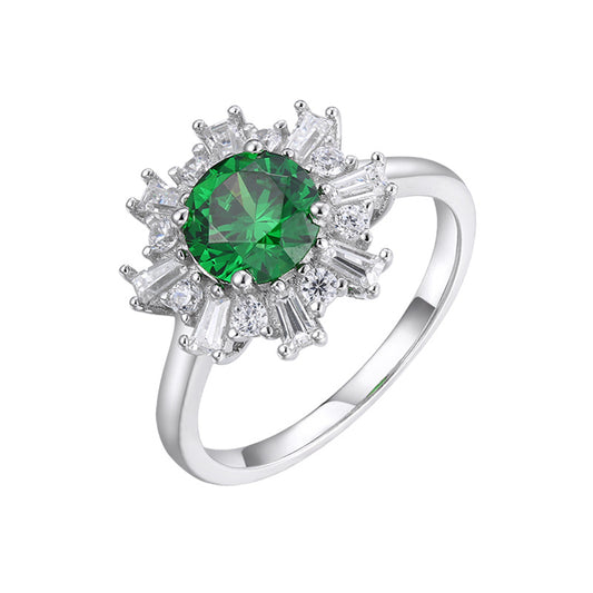 Round Cut Green Zircon Sun Halo Silver Ring