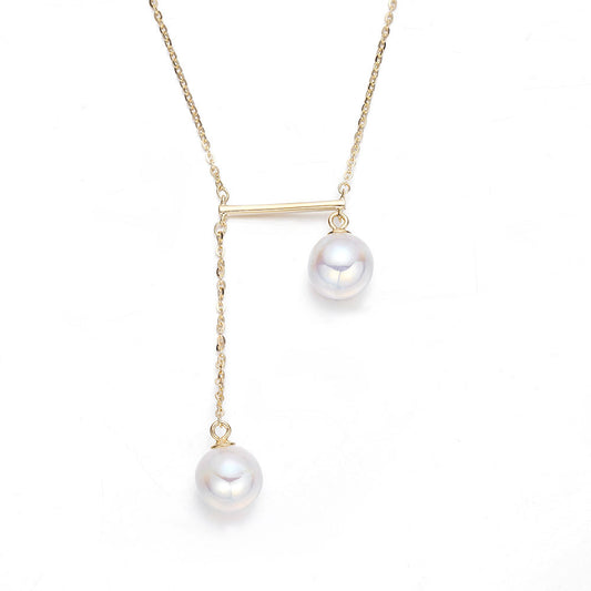 Gold Colour Double Pearls Dissymmetry Pendants Collarbone Necklace for Women