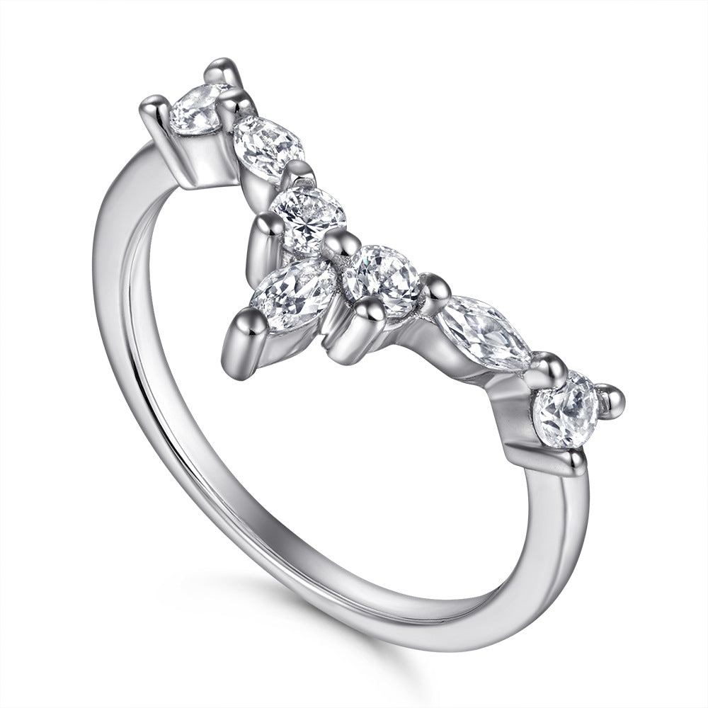 Marquise and Round Zircon V-shaped Silver Ring for Women