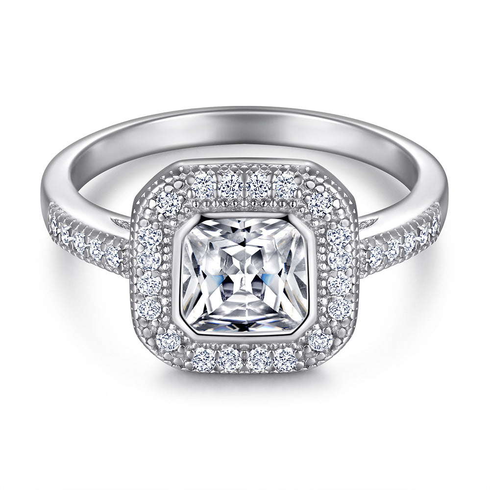 Princess Cut Zircon Soleste Halo with Half Eternity Silver Ring Set