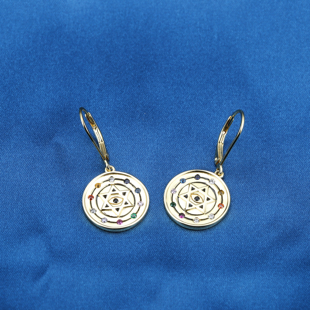 Devil's Eye Hexagram Star with Colourful Zircon Vintage Circle Silver Drop Earrings for Women