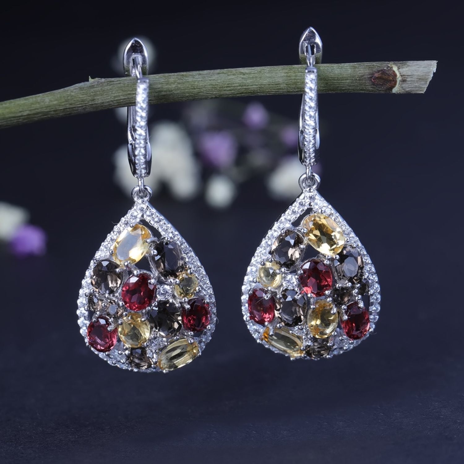 Natural Colourful Crystal  Sterling Silver Drop Earrings for Women