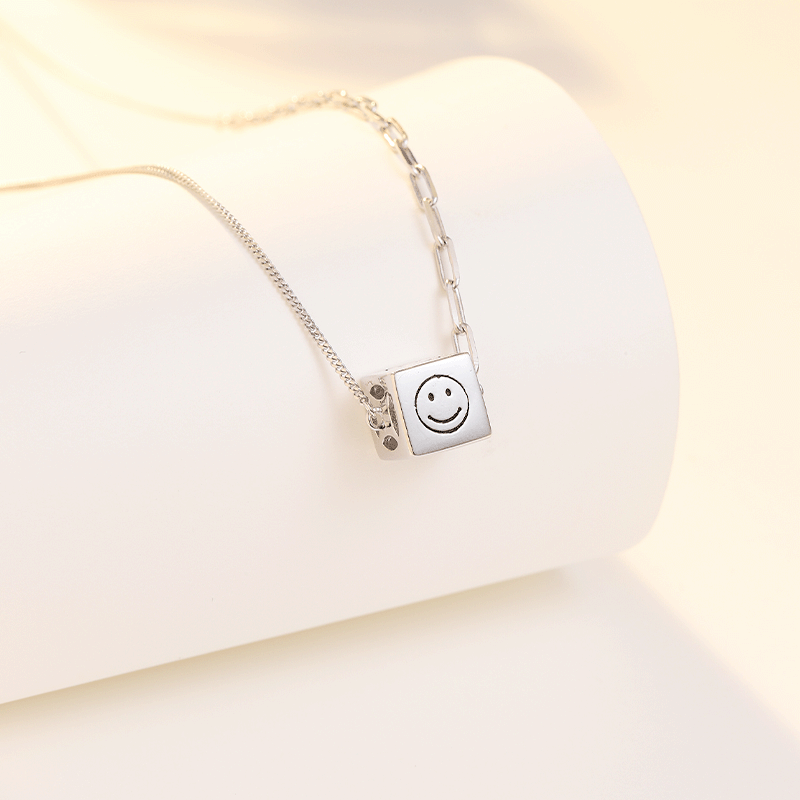 Smiley Face Cube Pendant Silver Necklace for Women