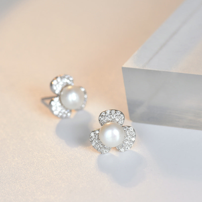 Zircon Clover Freshwater Pearl Silver Stud Earrings for Women