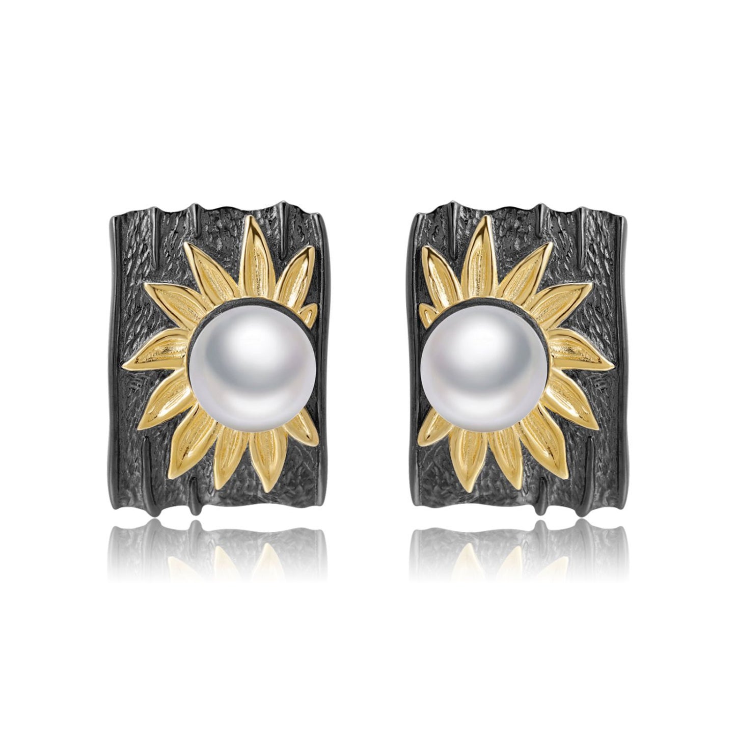 Natural Freshwater Pearl Rectangle with Sunflower Silver Studs for Women