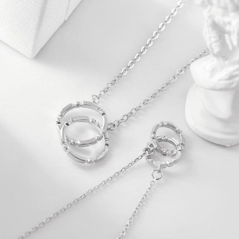 Double Circle Buckle with Zircon Silver Couple Necklace for Women