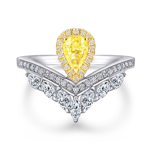 Pear Drop Yellow Zircon with Soleste Halo V-shape Silver Ring