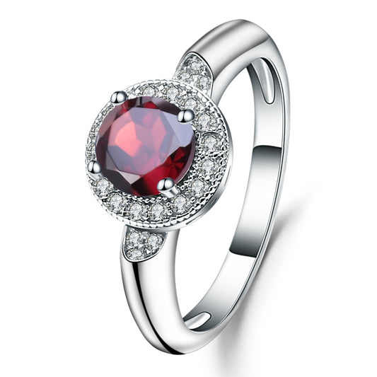 Light Luxury Fashion Natural Garnet Soleste Halo Round Cut Sterling Silver Ring for Women