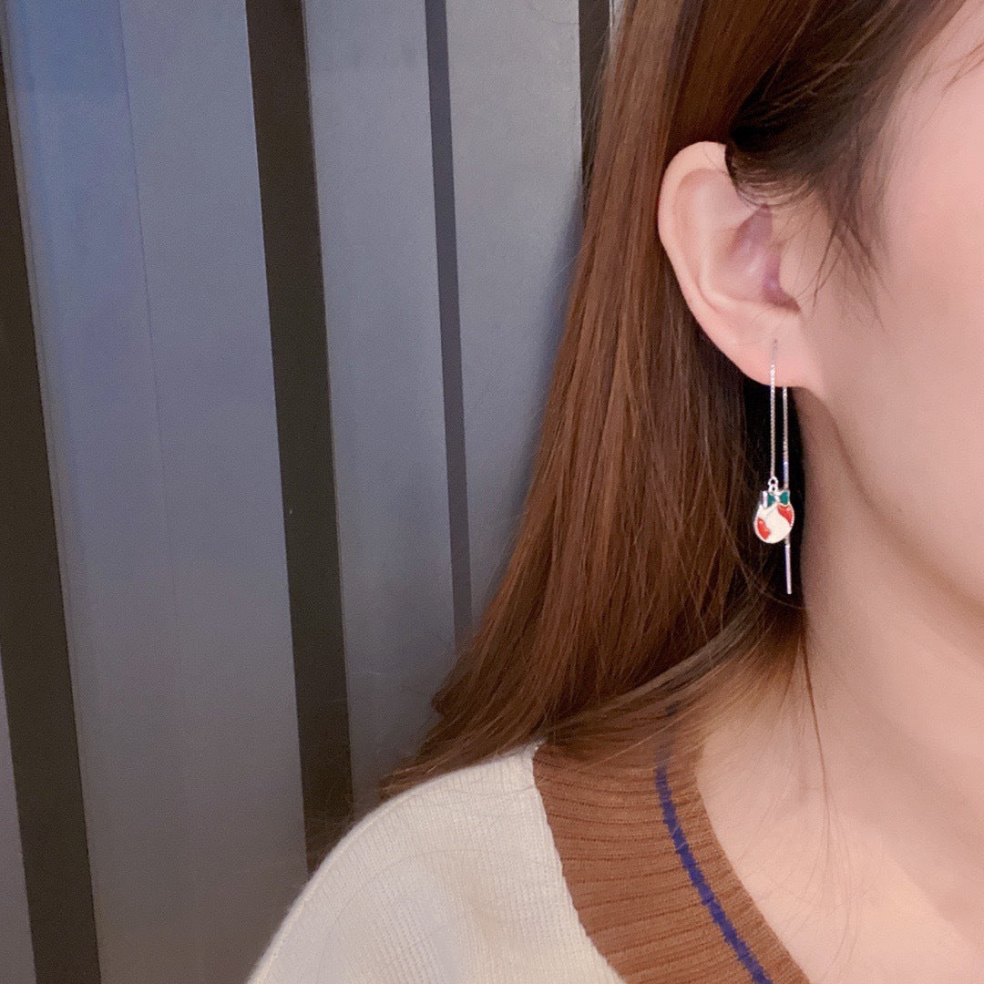 Red and White Circle with Green Bow Ear Line Silver Drop Earrings for Women