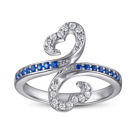 Royal Blue Zircon Exaggerated Two Hearts Silver Ring