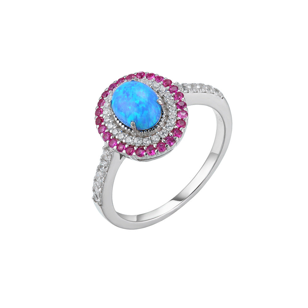 Blue Opal Stone Soleste Halo with White and Pink Zircon Silver Ring for Women