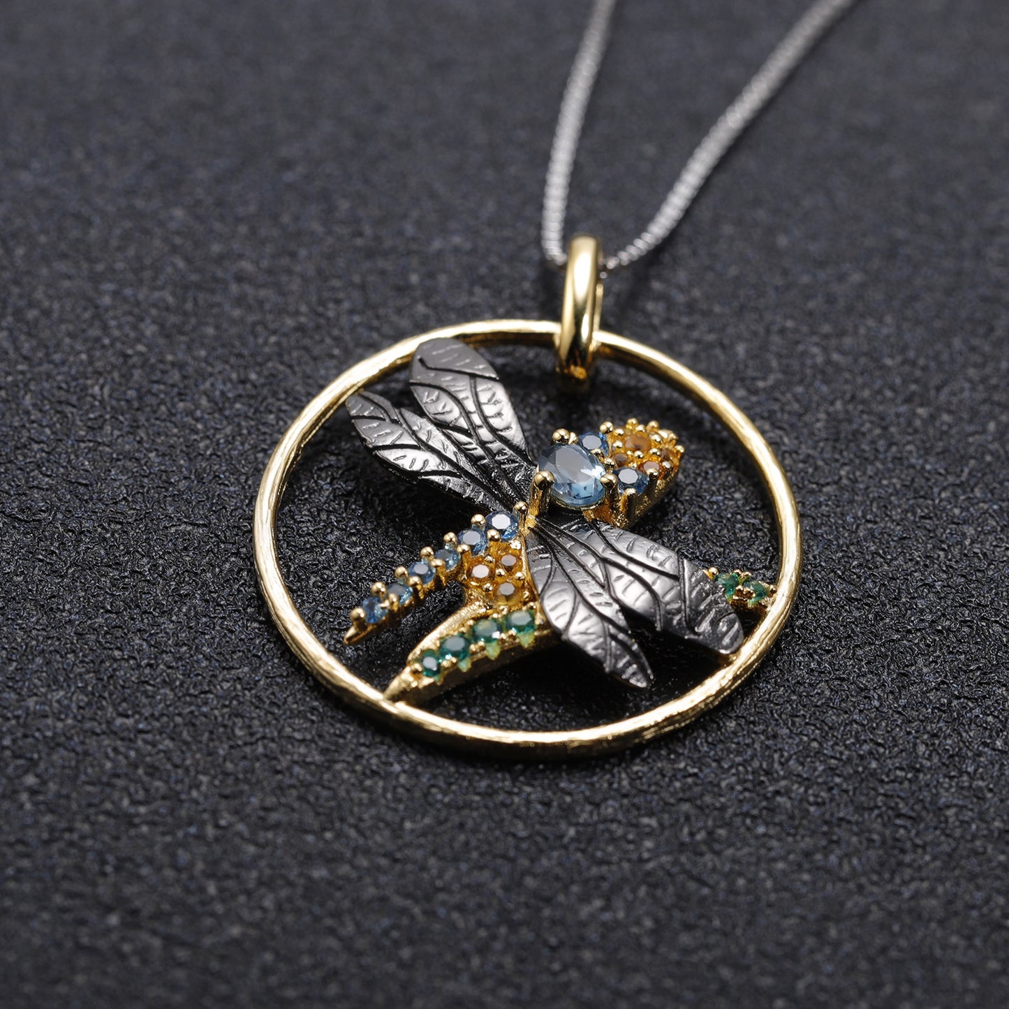 Animal Element Design Inlaid Natural Colourful Gemstone Dragonfly Circle Pendant Silver Necklace for Women