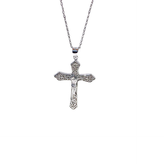 Jesus Cross with Decorative Pattern Pendant Silver Necklace for Women