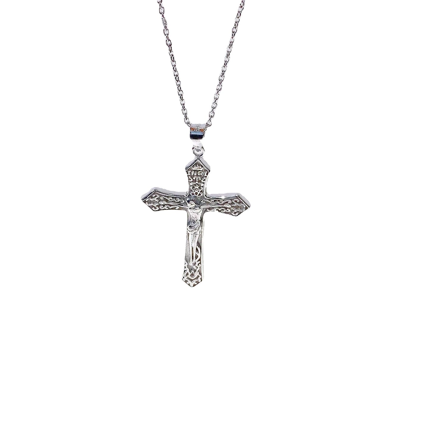 Jesus Cross with Decorative Pattern Pendant Silver Necklace for Women