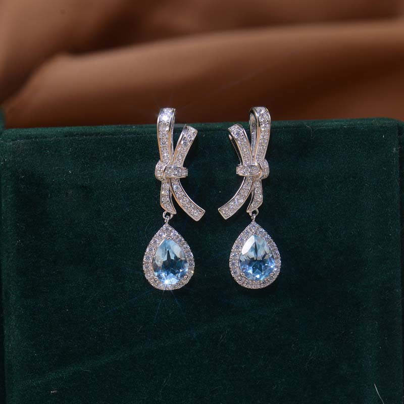 Sky Blue Natural Topaz 6*8mm - Platinum Plated - Drop Silver Earring for Women