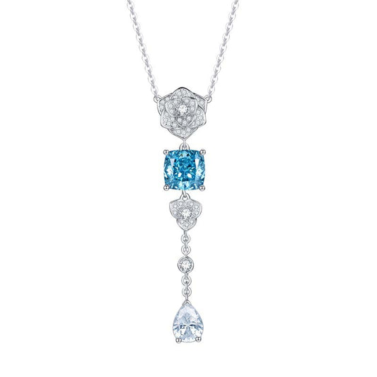 Blue Zircon 8*8mm Cushion Ice Cut Camellia Silver Water Drop Pendants Necklace for Women
